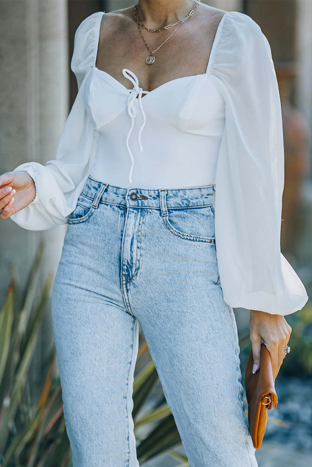 Criss Cross Backless Puff Sleeve Bodysuit | White