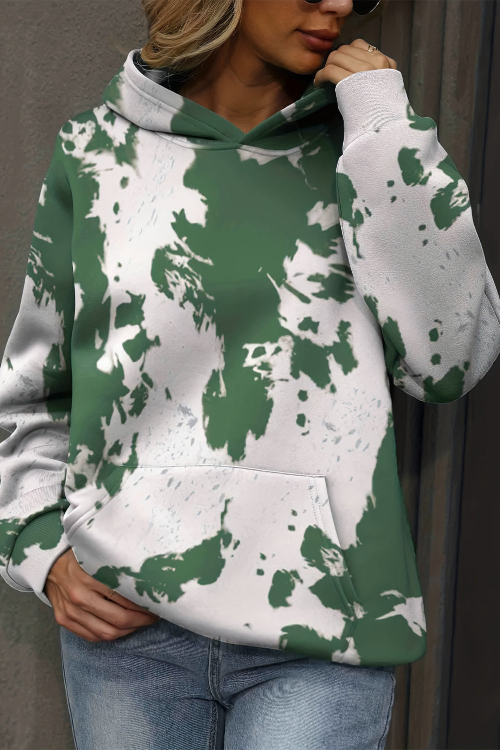 Tie Dye Print Kangaroo Pocket Loose Hoodie | Green