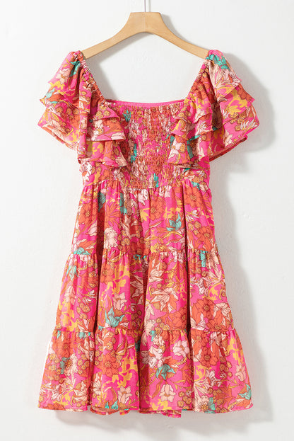 Floral Square Neck Ruffle Sleeve Tiered Dress | Pink