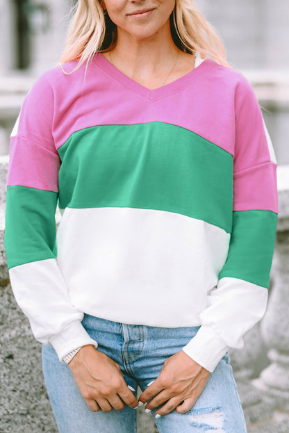 Ribbed V Neck Colour Block Patchwork Sweatshirt | Pink