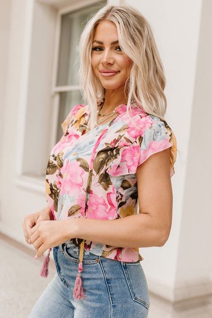 Floral Print Tassel Tie Short Sleeve Blouse | Pink