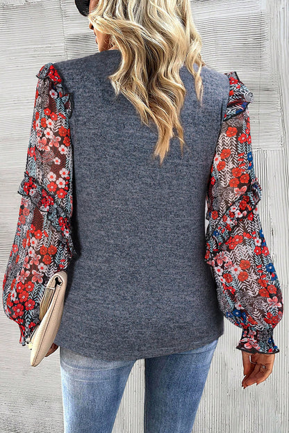 Ruffle Tiered Floral Sleeve Crew Neck Blouse | Blue