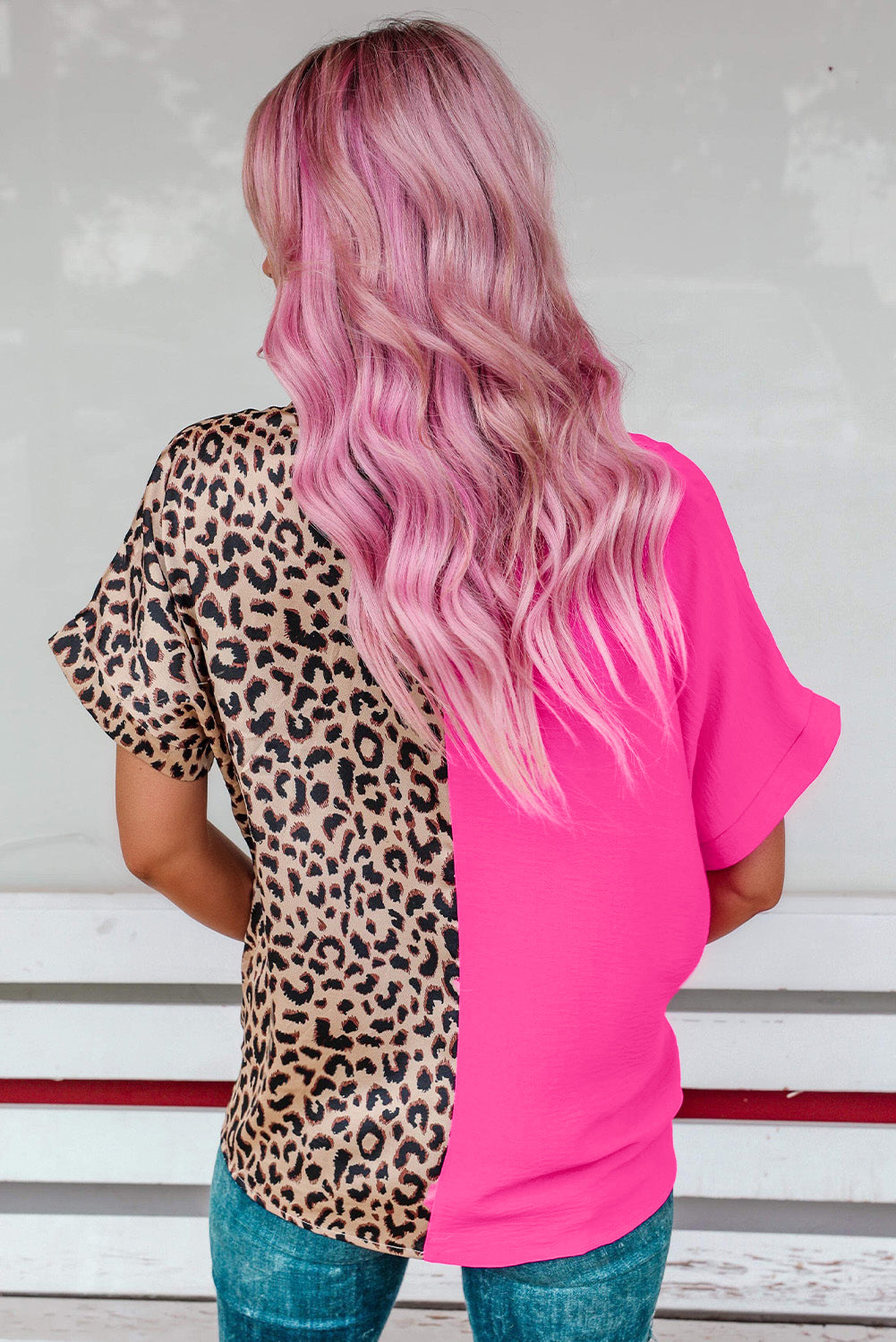 Contrast Leopard Colour Block Blouse | Rose