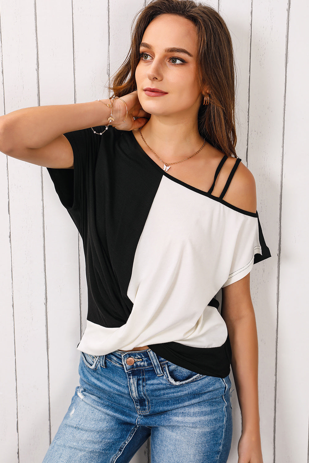 Asymmetric Colourblock Strappy Cold Shoulder Twist Hem Top | Black