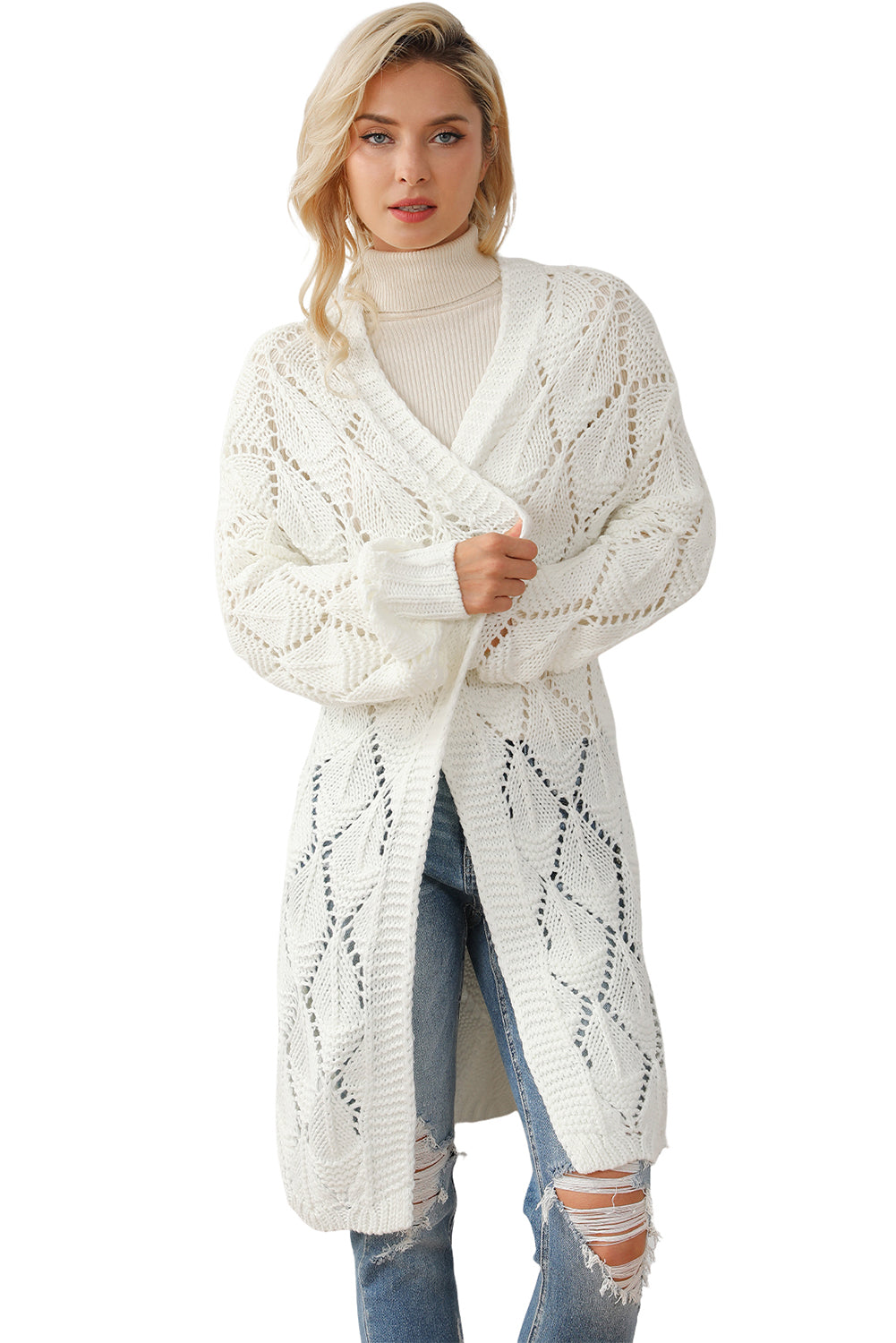 Rhombus Hollowed Knit Open Front Cardigan | White