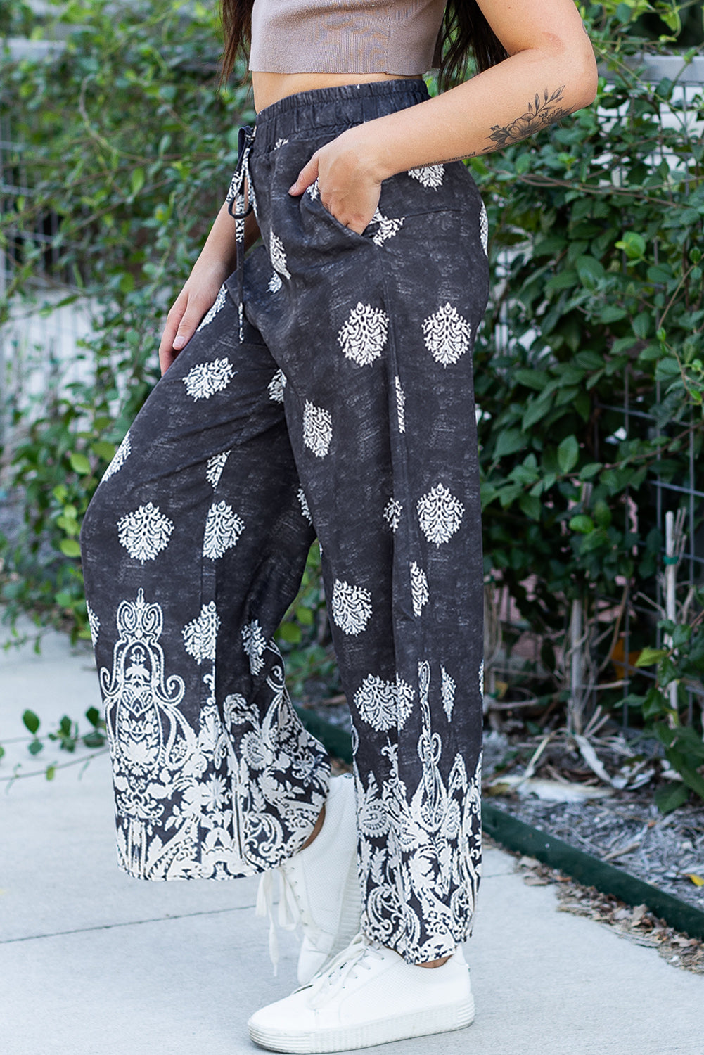 Bohemian Printed Drawstring Waist Wide Leg Pants | Black