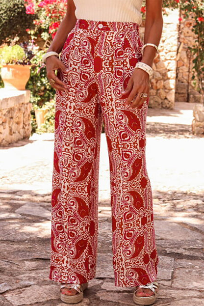 Paisley Printed Buttoned High Waist Straight Leg Pants | Red