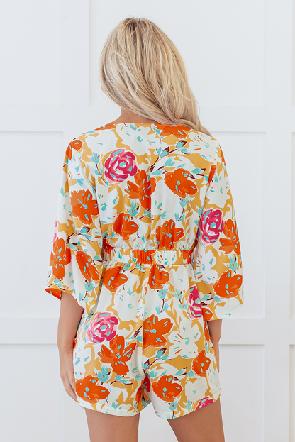 Blooming Floral Print Front Tie Romper | Orange