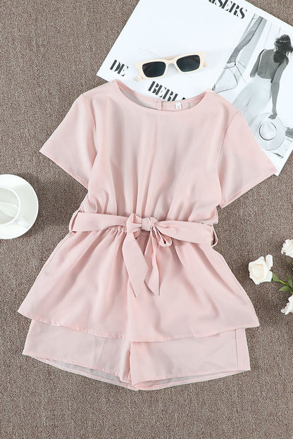 Keyhole Back Belted Peplum Girls Romper | Pink