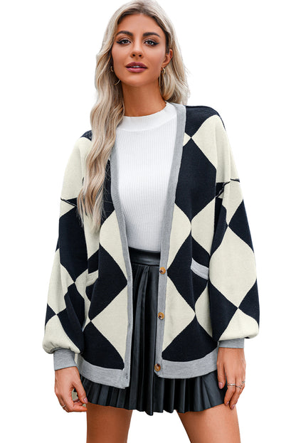 Colourblock Drop Shoulder Buttoned Loose Cardigan | Black