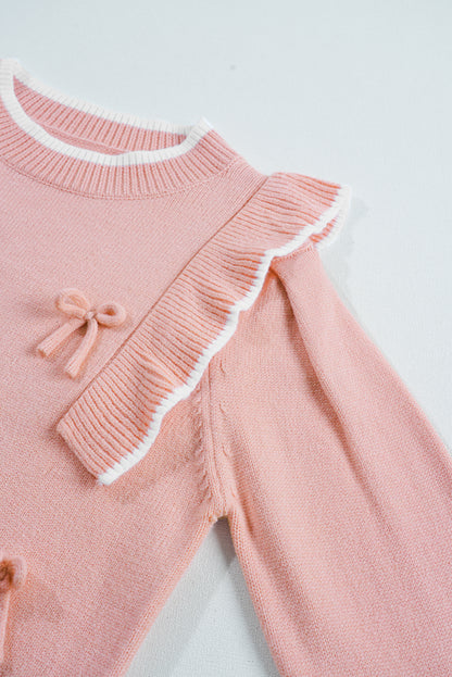 Ruffled Bowknot Ribbed Trim Long Sleeve Sweater | Light Pink