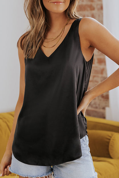 Deep V Neck Loose Tank Top | Black