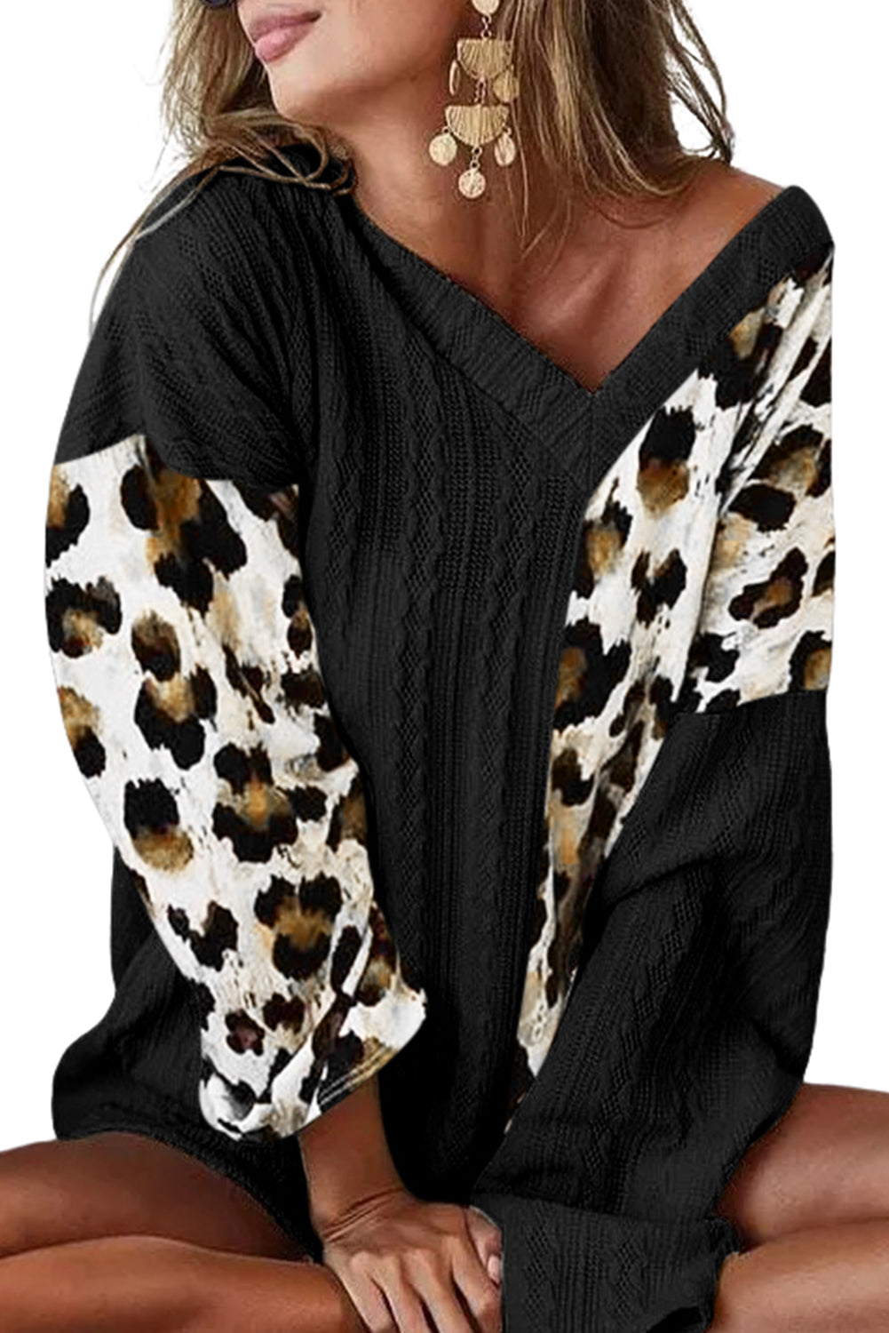 Asymmetric Leopard Patchwork Wide Sleeve V Neck Sweater | Black