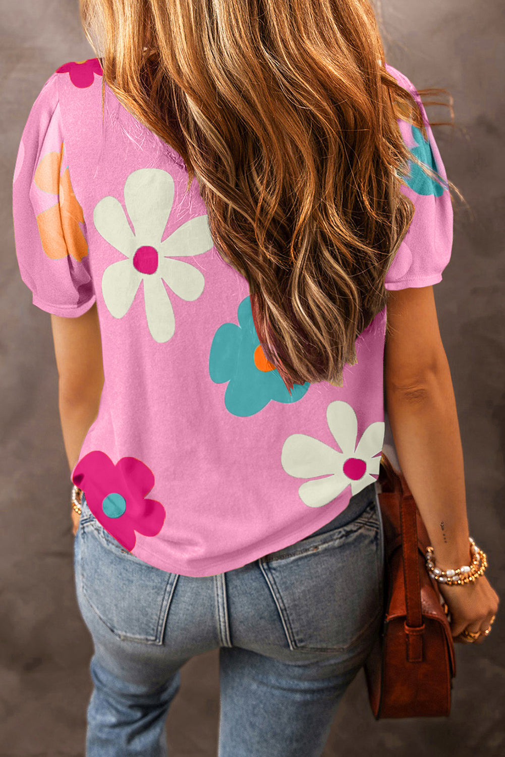 Flower Print Bubble Sleeve Tee | Pink