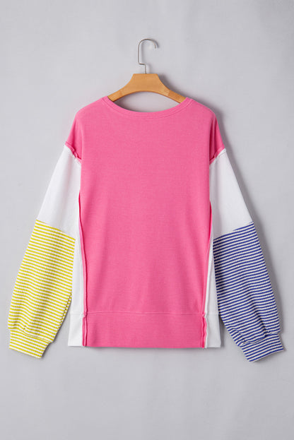 Colourblock Patchwork Striped Puff Sleeve Plus Size Top With Slits | Rose Red