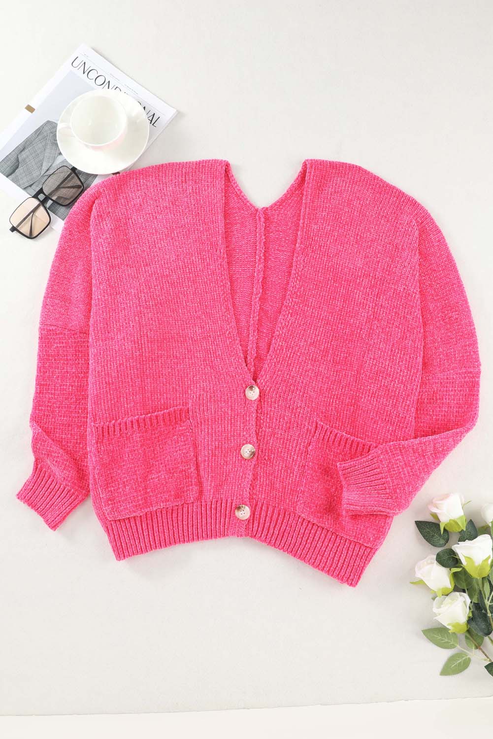 Buttons Front Pocketed Sweater Cardigan | Rose