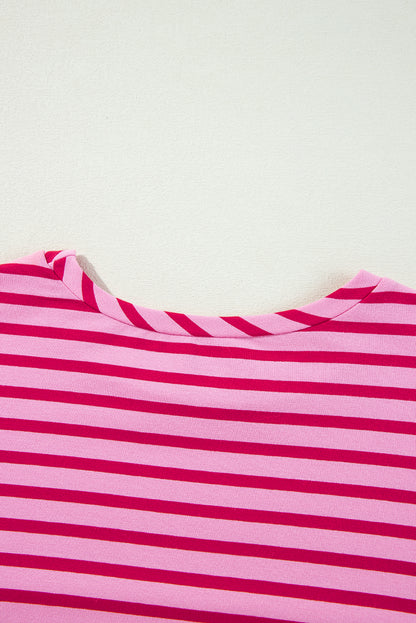 Striped Print Crew Neck Drop Shoulder Sweatshirt | Sachet Pink