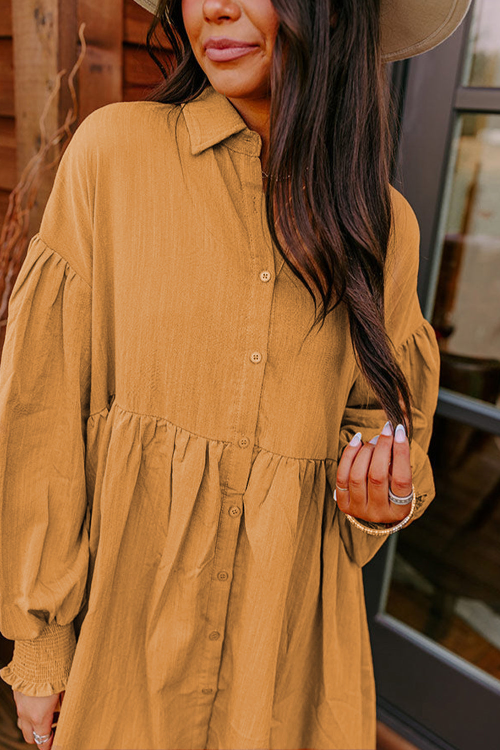 Loose Bishop Sleeve Shirt Dress | Light French Beige