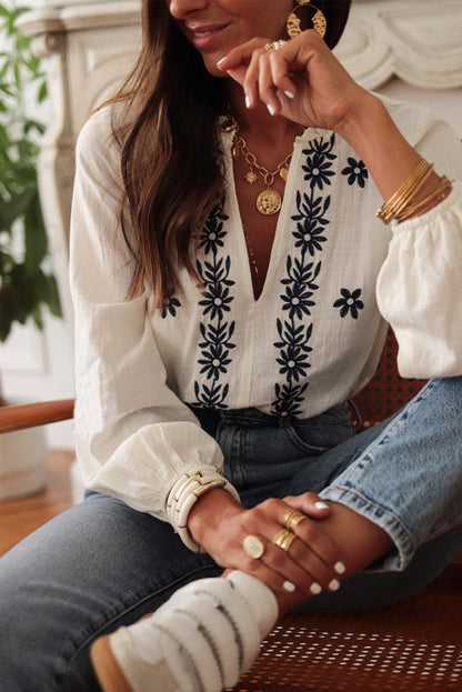 Floral Embroidered Frilled V Neck Puff Sleeve Blouse | White