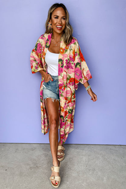 Floral Allover Print Open Front Belted Duster Kimono | Pink