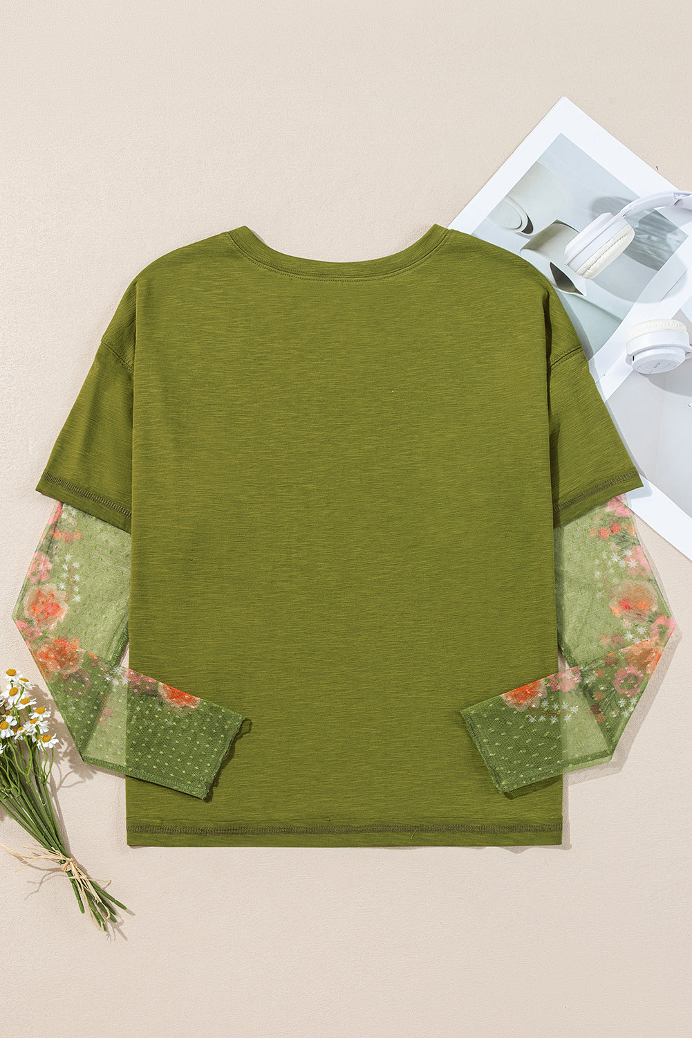 Faux Two Piece Floral Long Sleeve Patchwork Tee | Fern Green