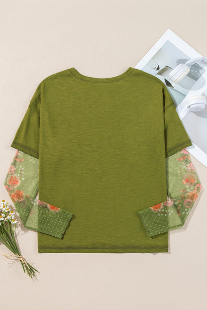 Faux Two Piece Floral Long Sleeve Patchwork Tee | Fern Green