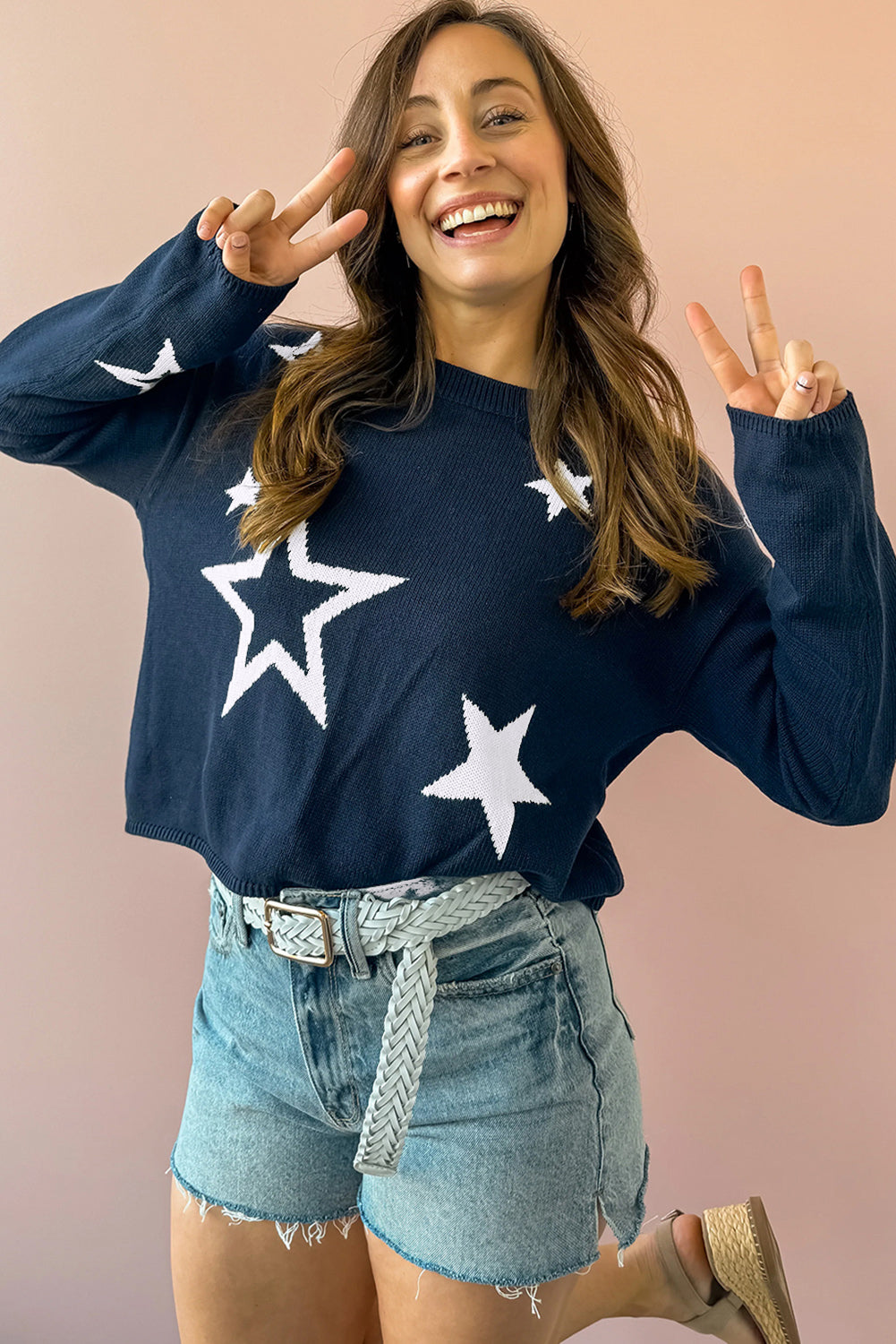 Star Pattern Drop Shoulder Knitted Sweater | Sail Blue