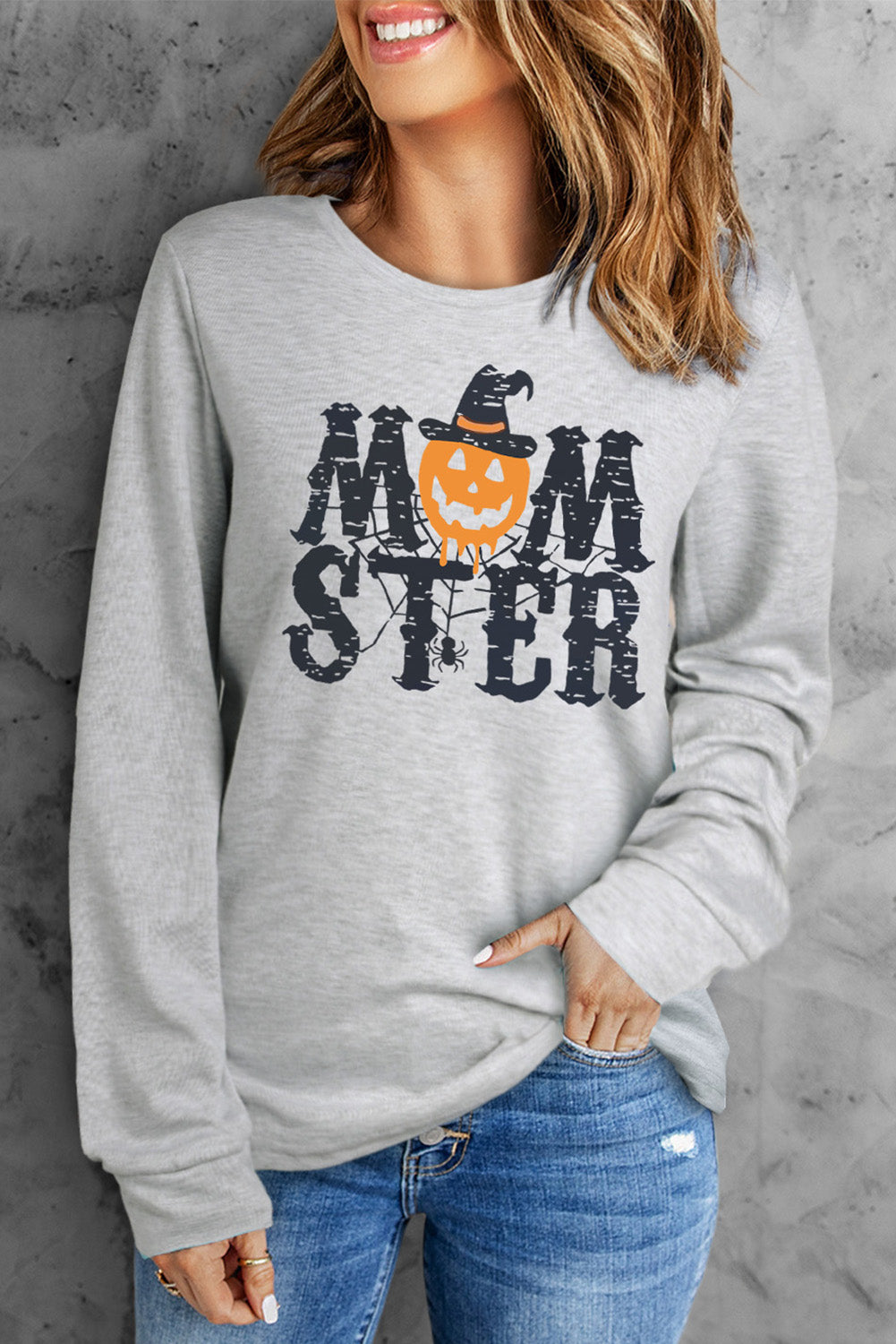 Mom Ster Halloween Pumpkin Graphic Crew Neck Top | Gray