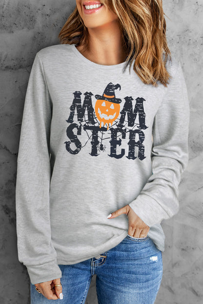 Mom Ster Halloween Pumpkin Graphic Crew Neck Top | Gray