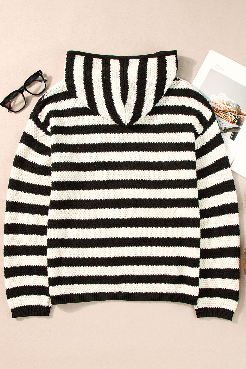 V Neck Pocketed Drawstring Hooded Sweater | White Stripe