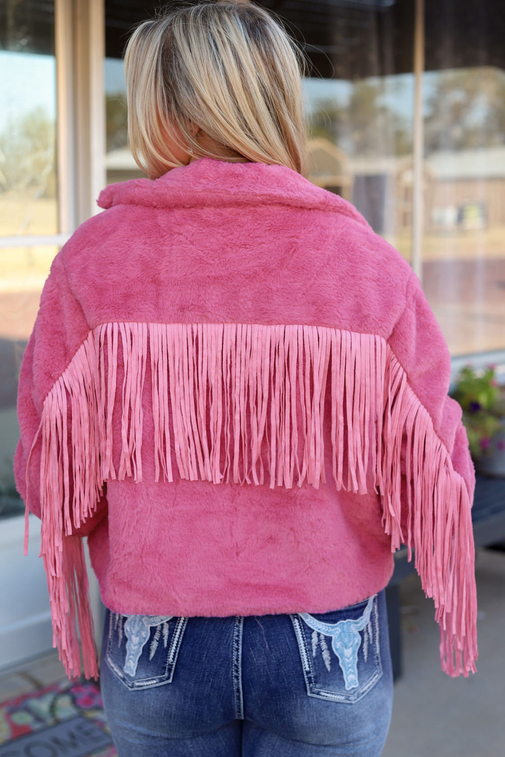 Fringed Full Zipper Fleece Jacket | Pink