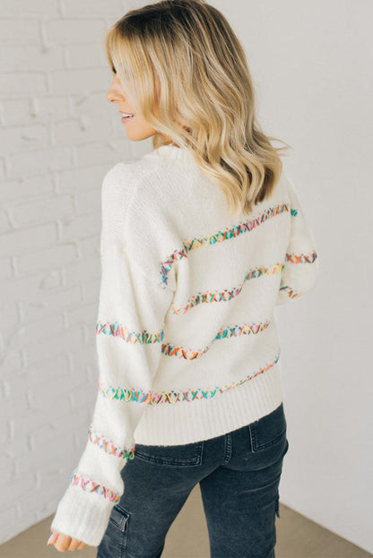 Colourful Crossed Stitch Drop Shoulder Sweater | White