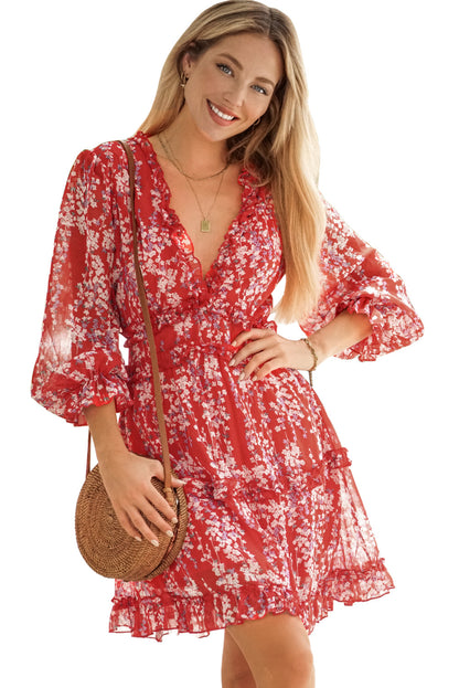 Fiery  Ruffle Detailing Open Back Floral Dress | Red