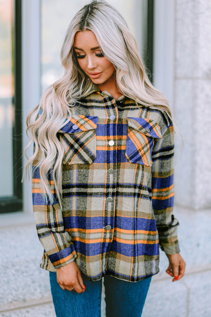 Geometric Plaid Print Pocketed Shacket | Blue