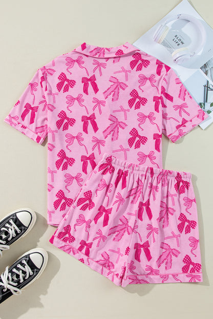 Bow Print Half Sleeve Shirt And Shorts Pajamas Set | Pink