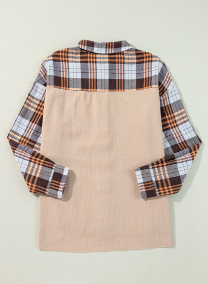 Thermal Knit Plaid Patchwork Shacket | Khaki