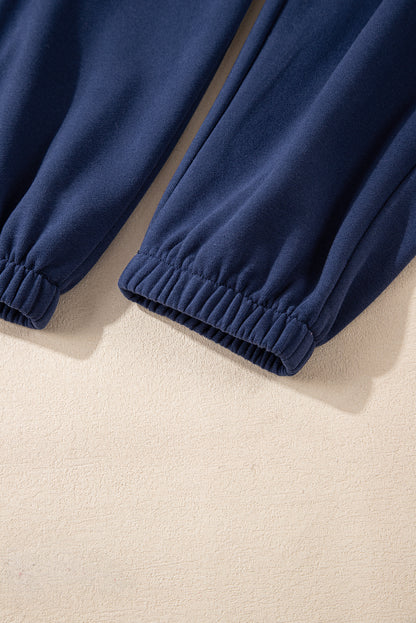 Solid Colour Fleece Lined Drawstring Waist Joggers | Navy Blue