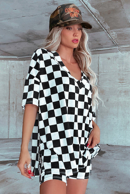 Checkerboard Print V Neck Loose Tee And Shorts Lounge Set | Black