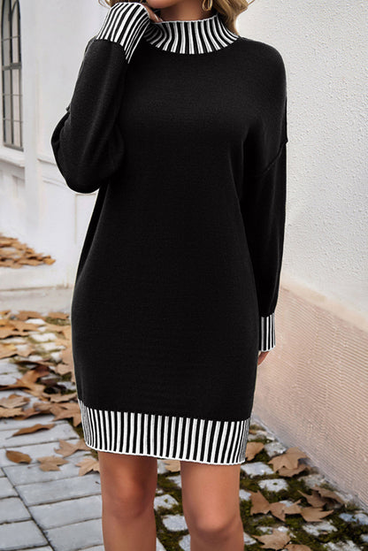 Striped Trim Mock Neck Dropped Long Sleeve Sweater Mini Dress | Black