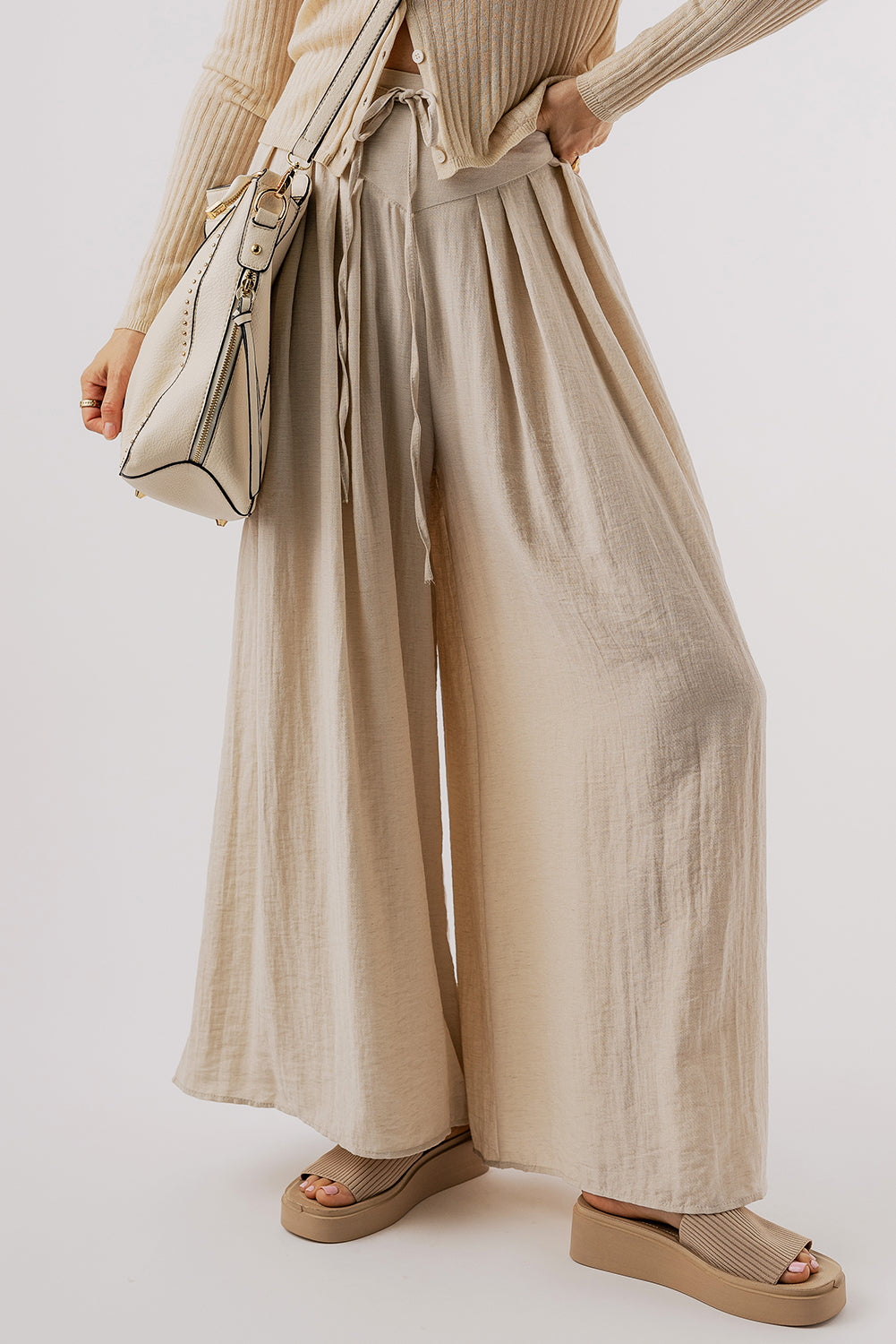 Drawstring Waist Pleated Wide Leg Casual Pants | Beige