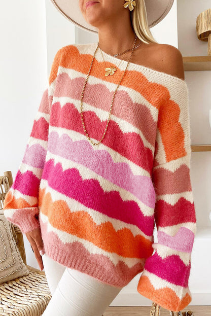 Wave Striped Balloon Sleeve Drop Shoulder Sweater | Rose Red