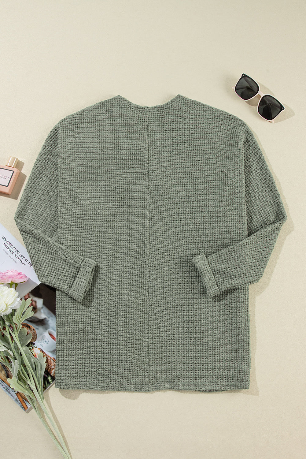 Waffle Knit Open Front Cardigan | Laurel Green