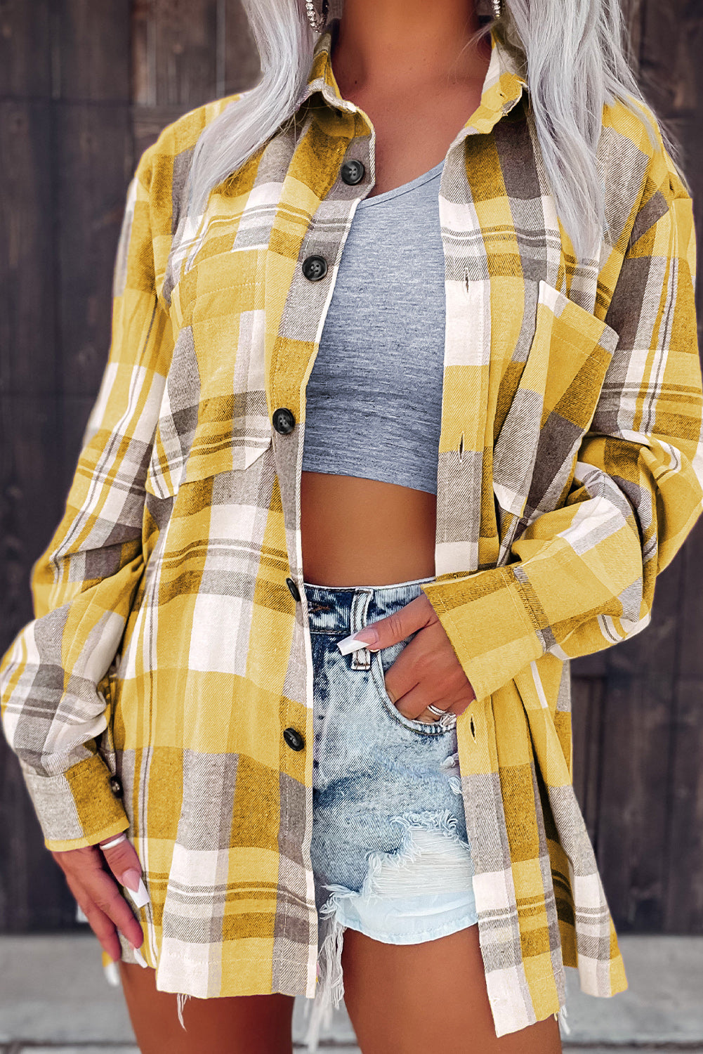 Plaid Button Up Patch Pocket Shirt | Yellow