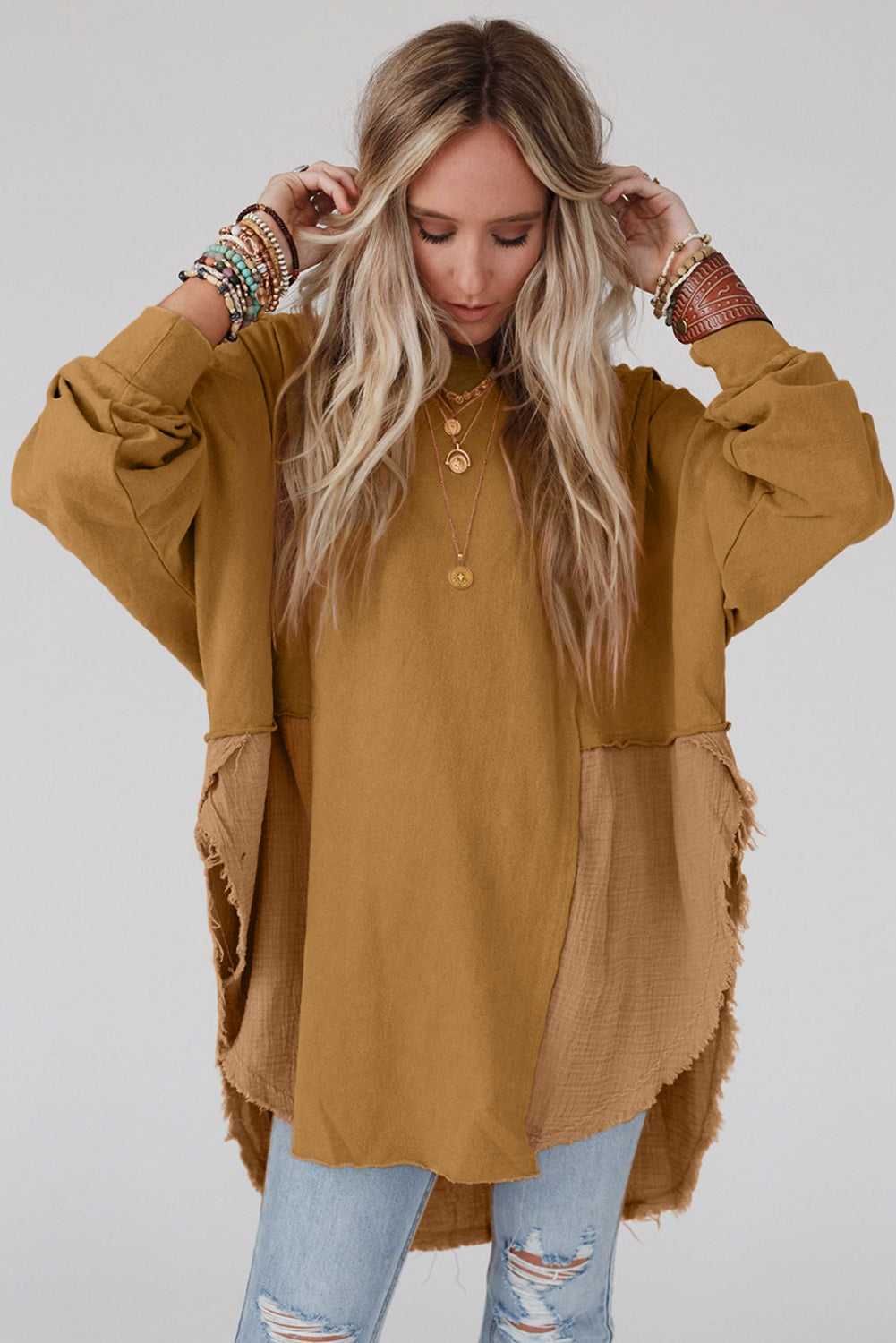 Crinkle Splicing Raw Hem High Low Oversized Blouse | Camel