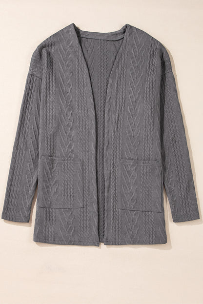 Solid Textured Open Front Cardigan With Pocket | Medium Grey