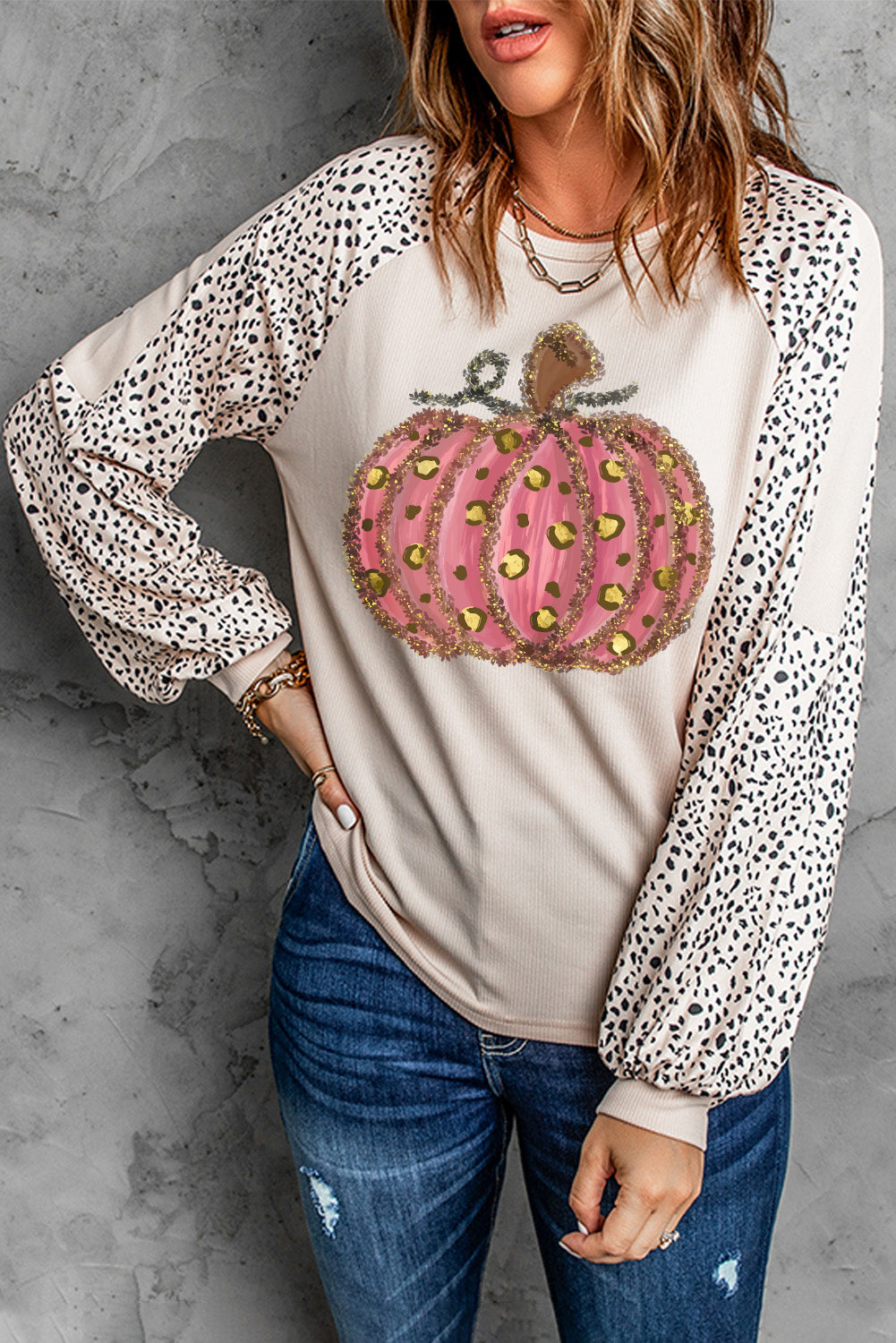 Thanksgiving Pumpkin Graphic Leopard Raglan Sleeve Top | Khaki