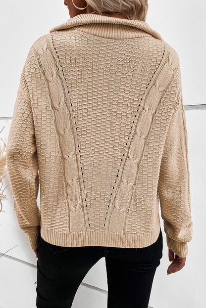 Zipped Stand Collar Cable Knit Sweater | Apricot