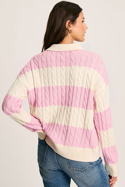 Cable Knit Collared Henley Sweater | Pink Stripe