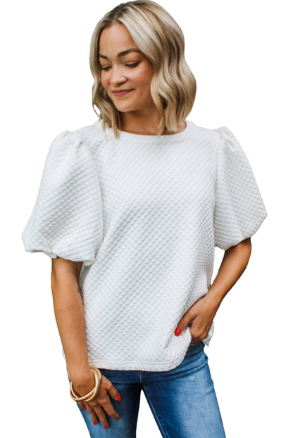 Solid Textured O Neck Puff Sleeve Blouse | White