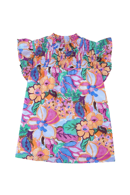 Floral Print Flutter Sleeves Smocked Neck Blouse | Multicolour